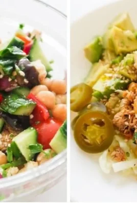 A colorful high-fiber healthy lunch plate featuring salads, whole grains, and vegetables.
