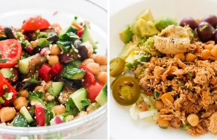 A colorful high-fiber healthy lunch plate featuring salads, whole grains, and vegetables.