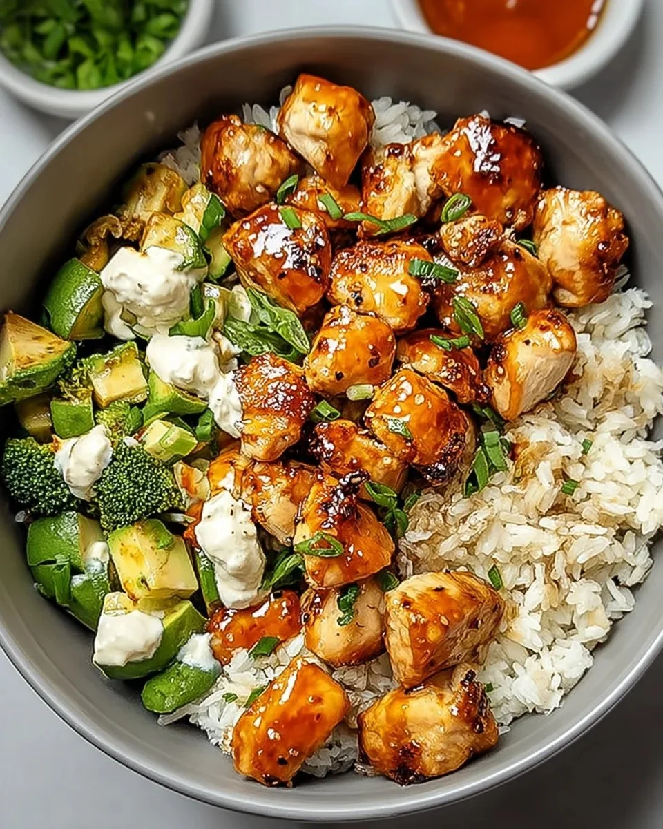 Hot Honey Chicken Bowl featuring tender chicken drizzled with spicy honey sauce