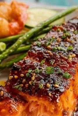 Plate of hot honey salmon garnished with herbs and lemon slices