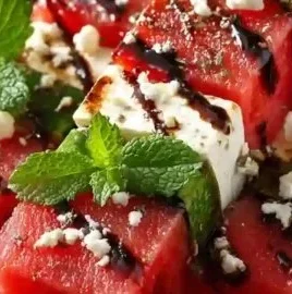 Juicy watermelon feta skewers served on a plate, perfect summer snack