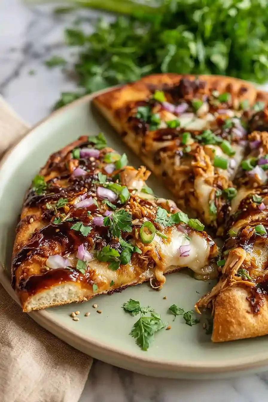 Delicious teriyaki chicken flatbread topped with fresh ingredients