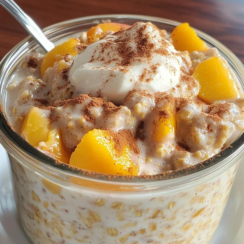 Bowl of overnight peach cobbler oatmeal topped with fresh peaches and cinnamon