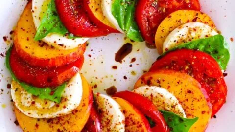 Delicious Peach Caprese Salad with fresh mozzarella and basil