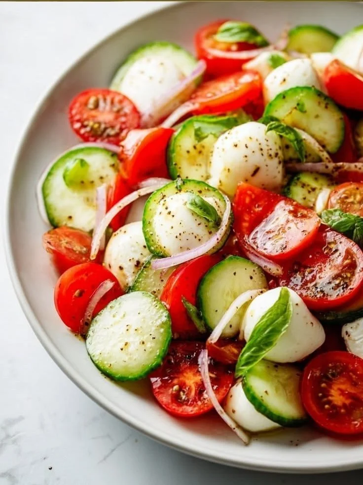 Quick Cucumber Caprese Salad with fresh cucumbers, tomatoes, and mozzarella.