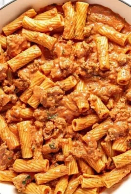 Plate of Sausage Rigatoni Pasta garnished with herbs