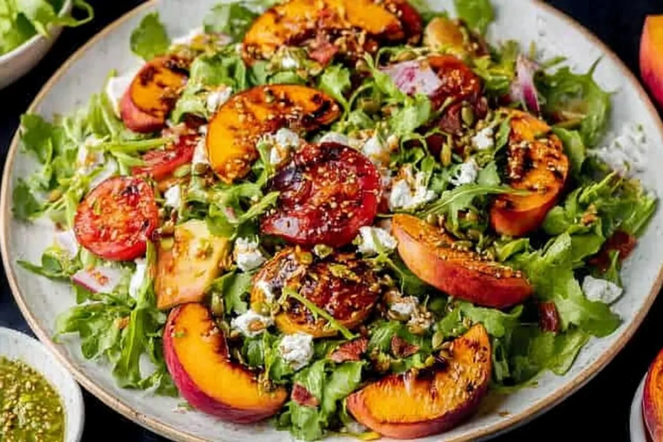 Summer grilled peach salad with fresh greens and vibrant ingredients