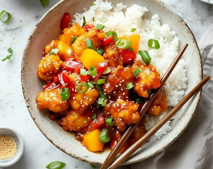 Sweet and Sour Pineapple Chicken served with vibrant vegetables on a plate.