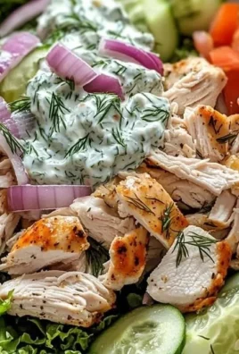 Bowl of tzatziki chicken salad with cucumbers and herbs