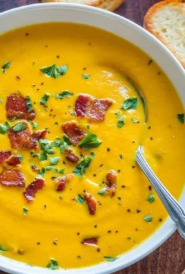 Bowl of creamy carrot soup garnished with herbs and served with bread