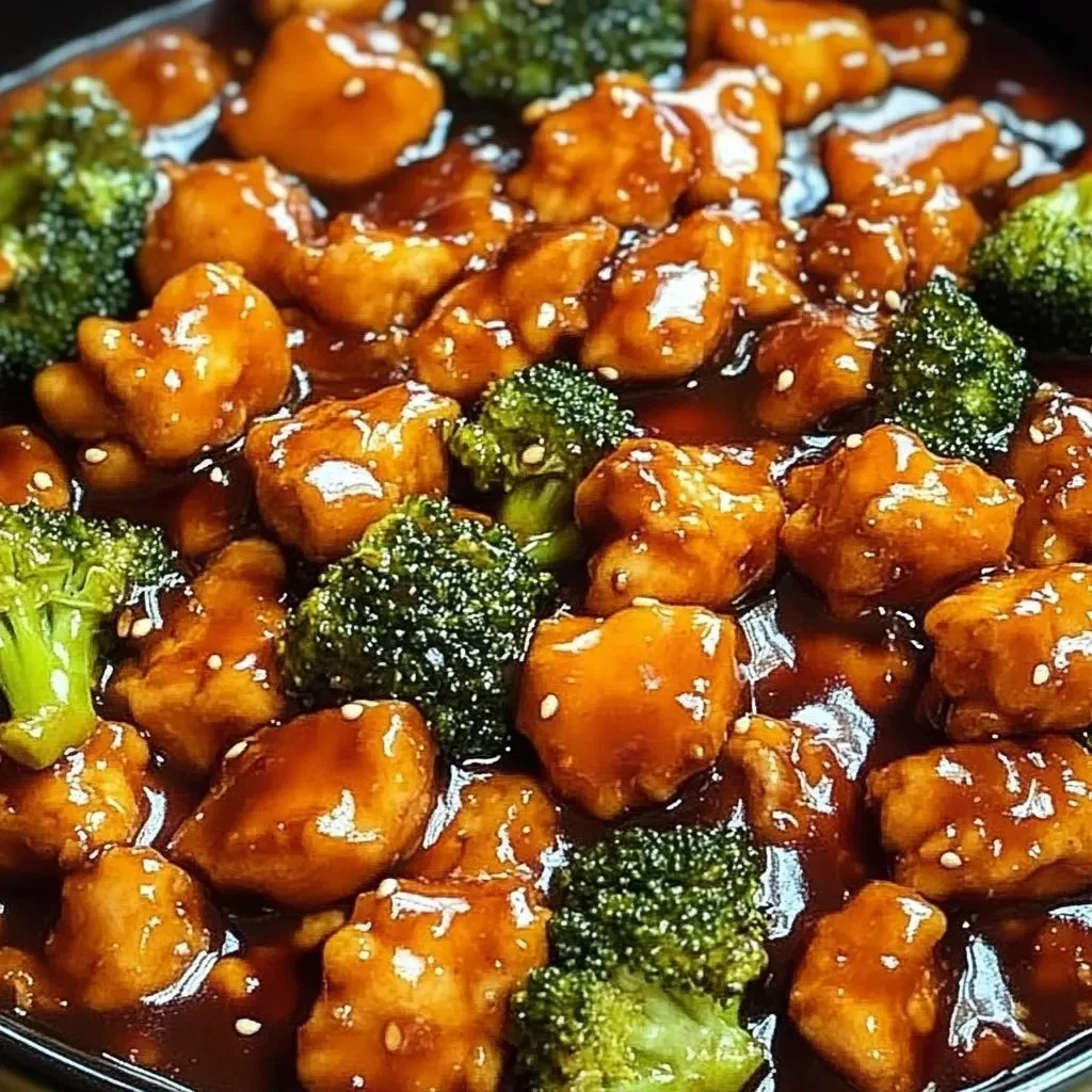 Delicious plate of better-than-takeout sticky chicken with broccoli