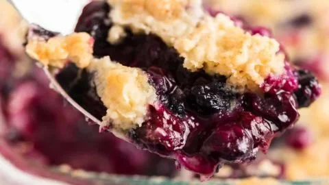 Delicious blueberry dump cake topped with fresh blueberries and whipped cream