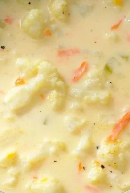 Bowl of creamy cauliflower soup garnished with herbs and spices