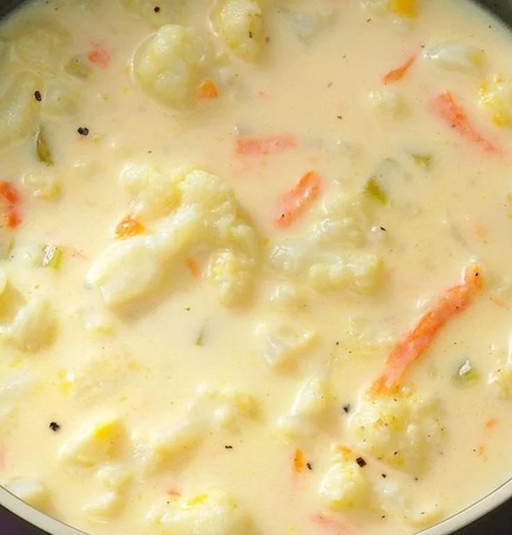 Bowl of creamy cauliflower soup garnished with herbs and spices