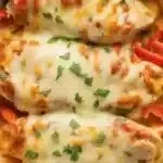 Cheesy baked chicken breast and colorful peppers dish