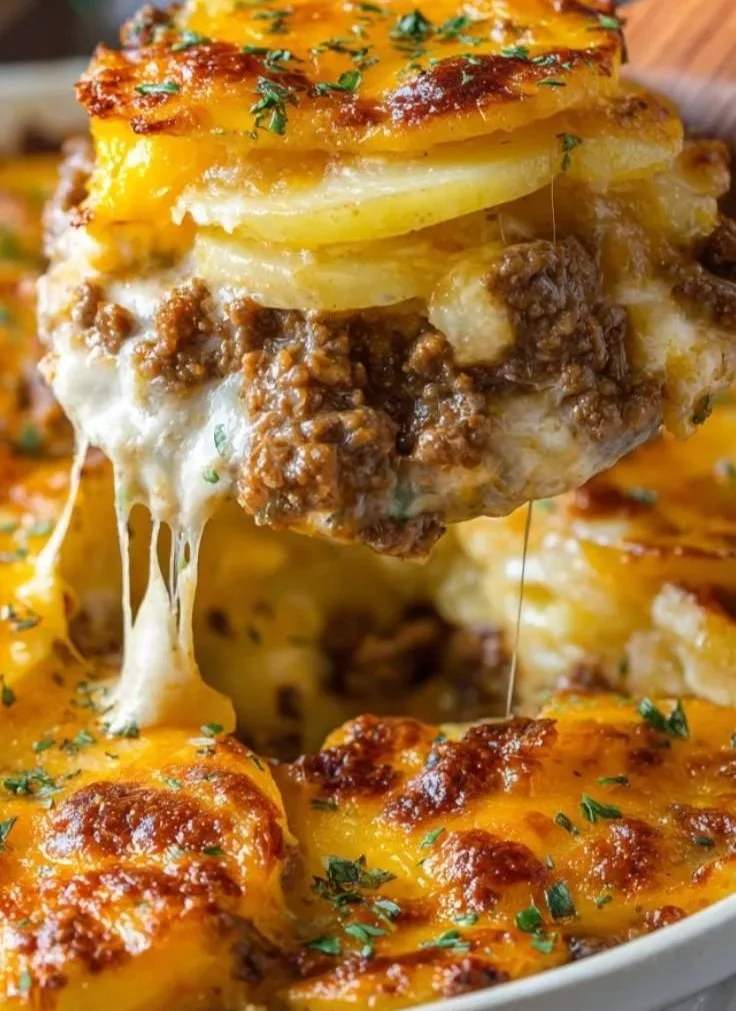 Cheesy Hamburger Potato Casserole in a baking dish ready to serve