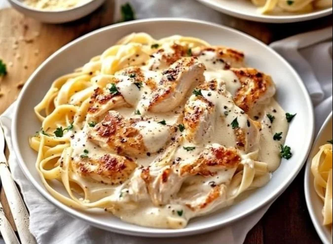 Delicious Chicken Alfredo pasta dish topped with grilled chicken and creamy sauce