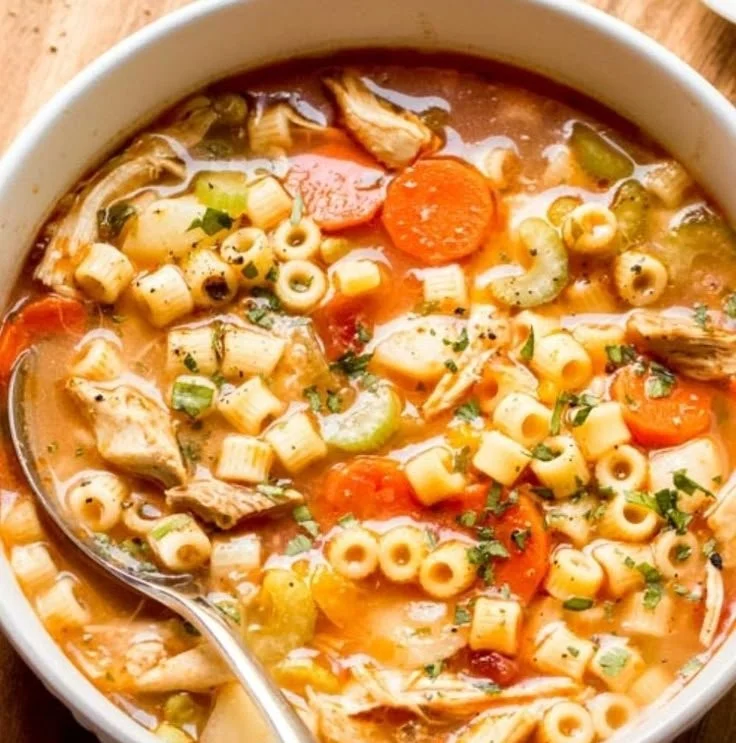 Bowl of homemade chicken soup with vegetables and herbs