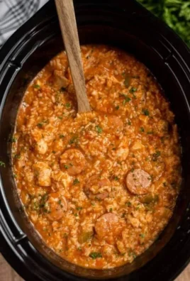 A delicious bowl of Crock Pot Jambalaya filled with shrimp, sausage, and rice.