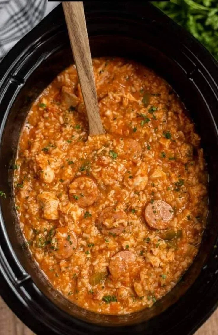 A delicious bowl of Crock Pot Jambalaya filled with shrimp, sausage, and rice.