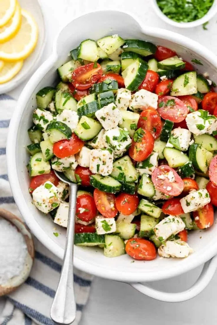 Cucumber Tomato Feta Salad with fresh vegetables and feta cheese