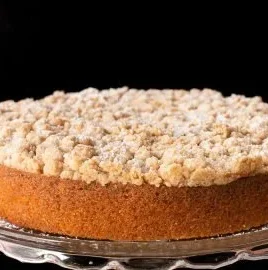 A slice of easy overnight coffee cake served on a plate.