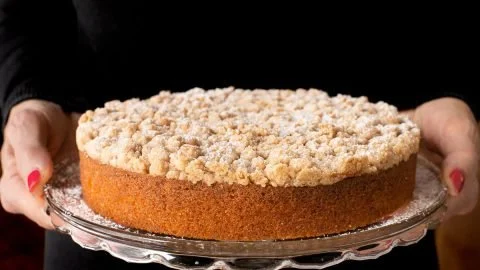 A slice of easy overnight coffee cake served on a plate.