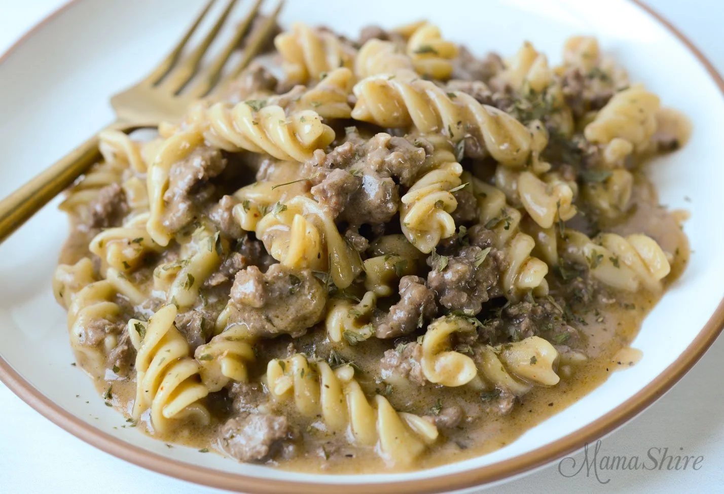Gluten-Free Beef Stroganoff served with mushrooms and noodles, dairy-free option