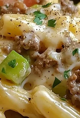 Philly Cheesesteak Pasta dish with ingredients and garnishes