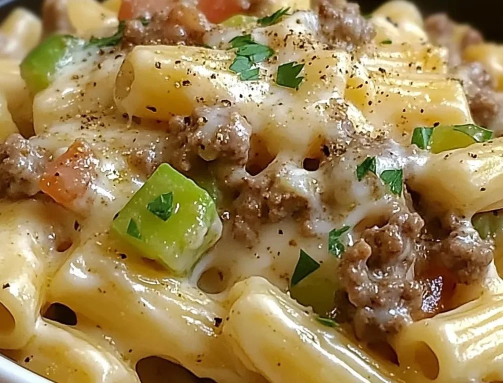 Philly Cheesesteak Pasta dish with ingredients and garnishes