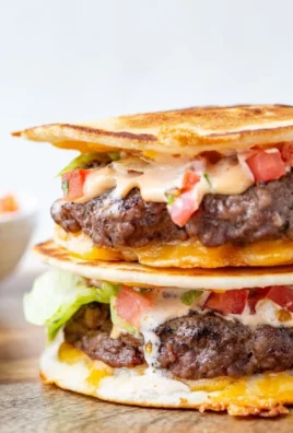 Delicious quesadilla burger with melted cheese and toppings on a plate