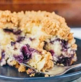 Sour Cream Blueberry Coffee Cake with fresh blueberries and a crumbly topping