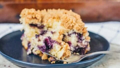 Sour Cream Blueberry Coffee Cake with fresh blueberries and a crumbly topping