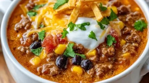 Bowl of creamy taco soup topped with cilantro and avocado