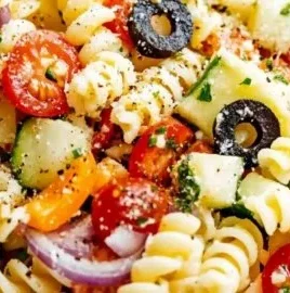 Colorful bowl of ultimate pasta salad with fresh vegetables and dressing