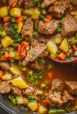A bowl of Vegetable Beef Soup filled with vegetables and beef.